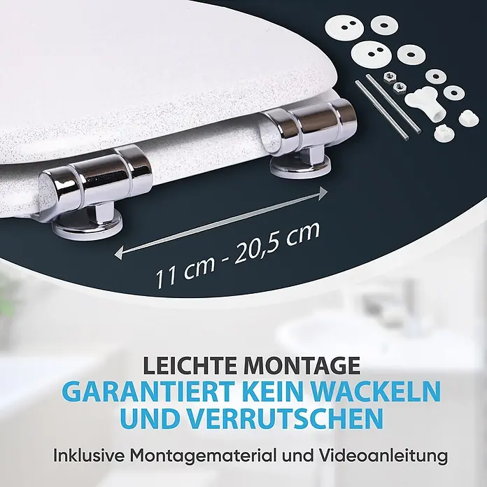 SANILO WC-Sitz Glitzer Weiß mit Schnellverschluss - MDF, Weiß, Mit Absenkautomatik - Weißer Toilettensitz mit Chromscharnieren und Befestigungsmaterial. Die Scharniere sind zwischen 11 und 20,5 cm verstellbar.