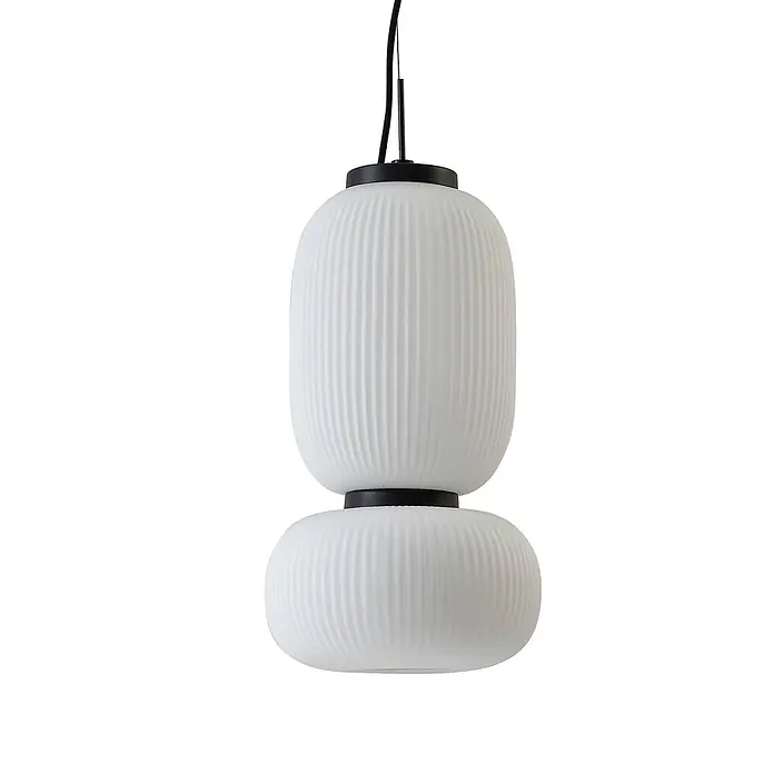 Lucande Pendelleuchte Lucya - L x B x H: 24 x 24 x 43 cm, weiß / opal, weiß, Schwarz - Weiße, gerippte, zweistufige Pendelleuchte mit schwarzen Akzenten, bestehend aus einem langen oberen und einem runden unteren Teil.