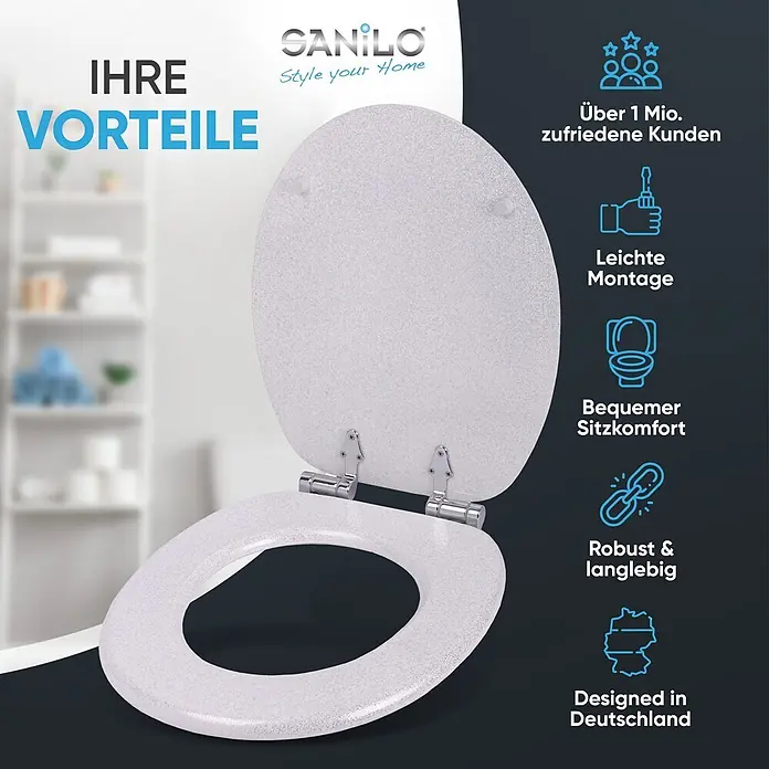 SANILO WC-Sitz Glitzer Weiß mit Schnellverschluss - MDF, Weiß, Mit Absenkautomatik - Glitzernder weißer Toilettensitz mit Chromscharnieren, geöffnet dargestellt.