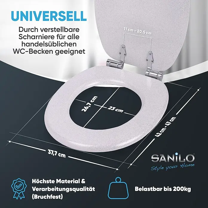 SANILO WC-Sitz Glitzer Weiß mit Schnellverschluss - MDF, Weiß, Mit Absenkautomatik - Weißer Glitzer-WC-Sitz mit verstellbaren Scharnieren, Maße angezeigt. Universell passend, bruchfest, bis 200kg belastbar.