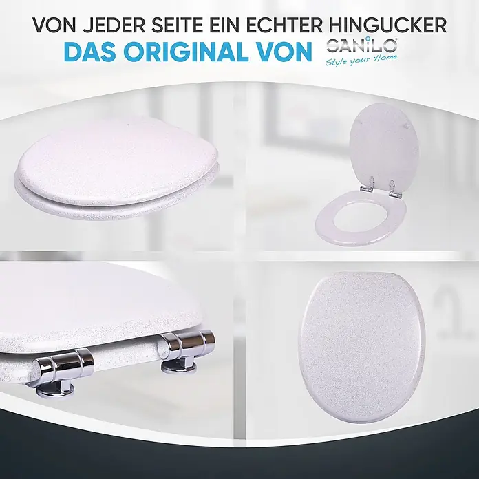 SANILO WC-Sitz Glitzer Weiß mit Schnellverschluss - MDF, Weiß, Mit Absenkautomatik - Weißer Toilettensitz mit glitzernder Textur und Chromscharnieren, aus verschiedenen Blickwinkeln gezeigt.