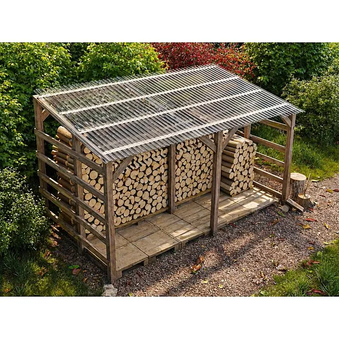 Wellplatte PETG 76/18 gerollt - B x L: 1,25 x 5 m, Polyethylen, Transparent - Holzkaminholzschuppen mit transparentem Wellendach, gefüllt mit gestapeltem Holz, in einer Gartenumgebung.