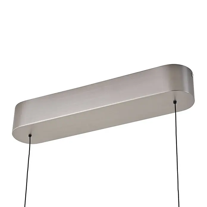 Lucande Pendelleuchte Solvar - chrom / silber, silber - Längliche Deckenleuchte aus gebürstetem Metall mit abgerundeten Kanten und schwarzen Aufhängedrähten.