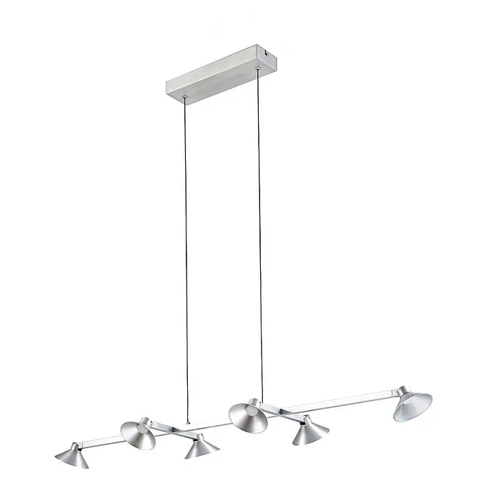 Lucande Pendelleuchte Steve - alu / grau / zink, alufarben - Moderne silberne lineare Pendelleuchte mit sechs verstellbaren Strahlern, an zwei Kabeln von einem rechteckigen Baldachin hängend.