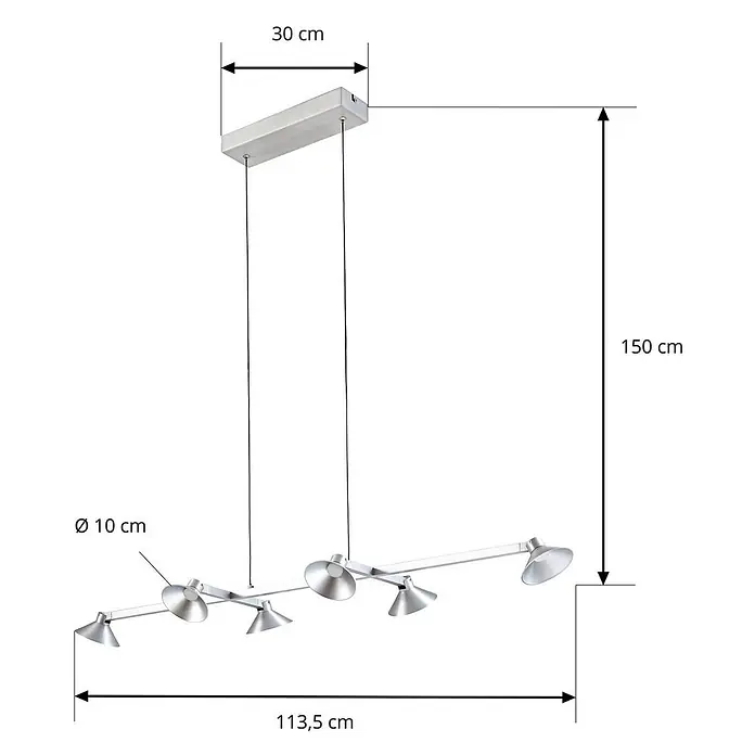 Lucande Pendelleuchte Steve - alu / grau / zink, alufarben - Moderne silberfarbene Hängeleuchte mit rechteckiger Deckenhalterung und sechs verstellbaren Strahlern an einer linearen Stange.