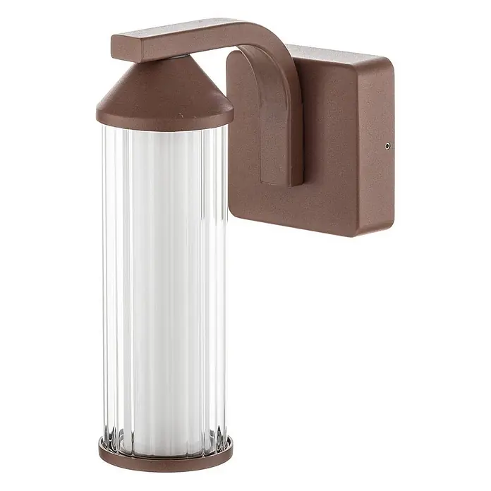 Lindby LED Wandleuchte aussen in rost, transparent, Aussenlampe Wand -  - Braune Metall-Außenwandleuchte mit Bogenarm und zylindrischem, geriffeltem Glasdiffusor mit weißem Innendiffusor.