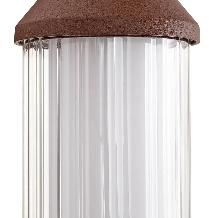 Lindby LED Wandleuchte aussen in rost, transparent, Aussenlampe Wand -  - Lampenoberteil mit strukturierter brauner Kappe und geriffeltem zylindrischem Diffusor, an den Rändern klar, in der Mitte matt.