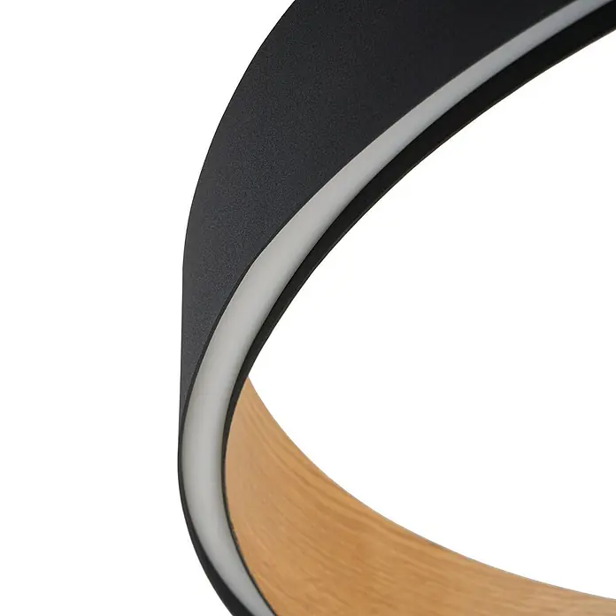 Lucande Pendelleuchte Daelor - schwarz, Schwarz, holzfarben - Schwarze LED-Ringlampe mit Holzmaserung und weißem Lichtdiffusor.