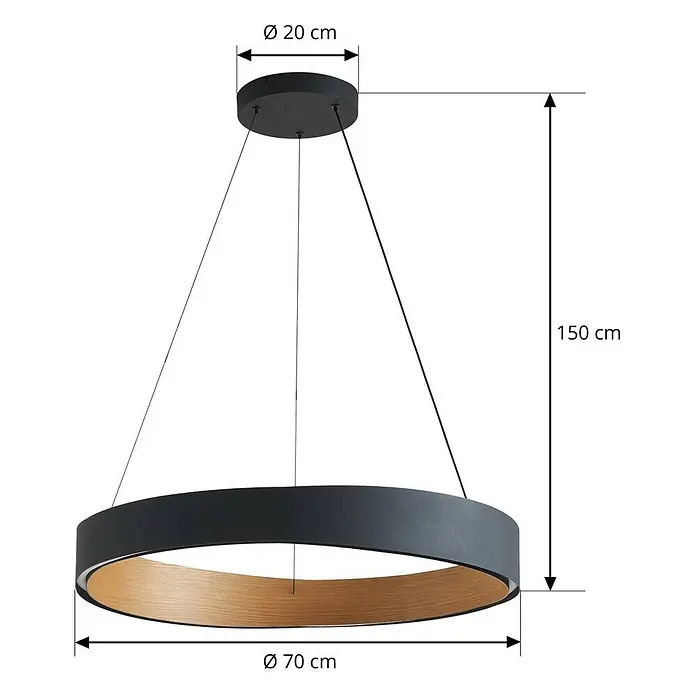 Lucande Pendelleuchte Daelor - schwarz, Schwarz, holzfarben - Schwarze ringförmige Pendelleuchte mit Holzoptik-Innenseite, 70 cm Durchmesser, von 20 cm Deckenbefestigung hängend.