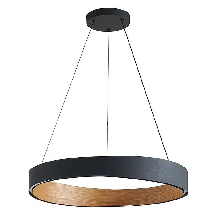 Lucande Pendelleuchte Daelor - schwarz, Schwarz, holzfarben - Schwarze kreisförmige Pendelleuchte mit Holz-Innenauskleidung, von einer Deckenrosette abgehängt.