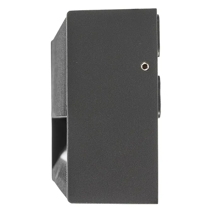 Lucande Außenwandleuchte Tavion - 4,6 x 25 x 10 cm, schwarz, schwarz, IP65 - Seitenansicht eines dunkelgrauen, strukturierten Metallkühlkörpers oder Gehäuses mit Kühlrippen und kleiner runder Öffnung.