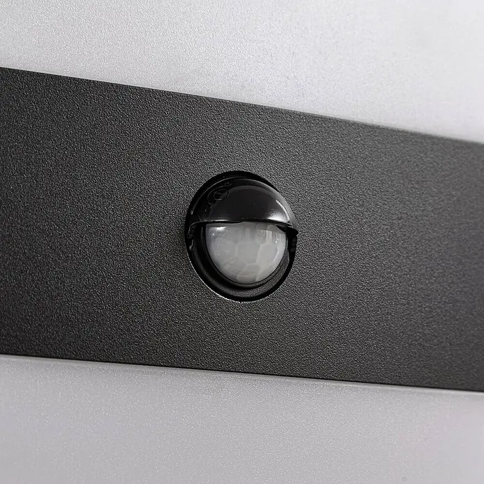 Prios Außenwandleuchte Teekon - schwarz, weiß / opal, IP44 - Schwarze Strukturplatte mit integriertem weißem, kuppelförmigem PIR-Bewegungssensor zur automatischen Erkennung.