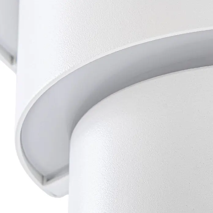 Lindby Außenwandleuchte Valir - 9,3 x 18,5 x 18 cm, weiß / opal, weiß / opal, IP54 - Weiße, strukturierte zylindrische Leuchte mit durchscheinendem grauen Lichtband.