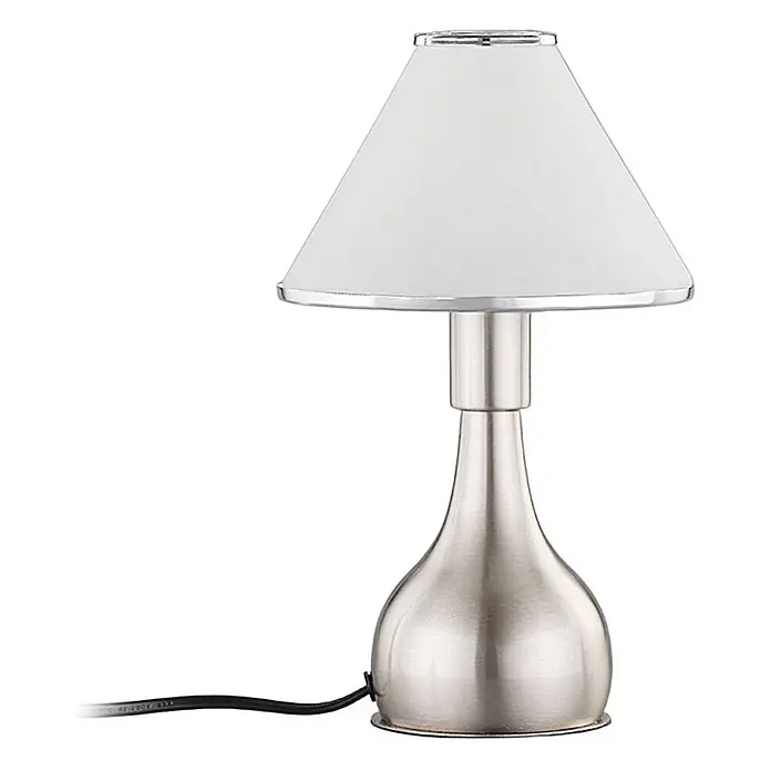 Lindby Tischleuchte Ellen - L x B x H: 15 x 15 x 25,5 cm, alu / grau / zink, weiß / opal, E14 - Silberne Tischlampe mit weißem konischem Schirm und silberner Zierleiste.