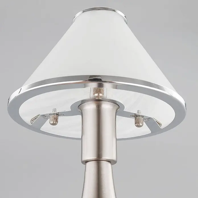 Lindby Tischleuchte Ellen - L x B x H: 15 x 15 x 25,5 cm, alu / grau / zink, weiß / opal, E14 - Weißer konischer Lampenschirm mit Chrom- und gebürsteten Nickelakzenten, mit einem marmorierten Glasdiffusor.
