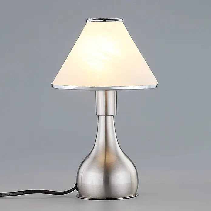 Lindby Tischleuchte Ellen - L x B x H: 15 x 15 x 25,5 cm, alu / grau / zink, weiß / opal, E14 - Beleuchtete Tischlampe mit gebürstetem Nickelfuß und mattiertem Glasschirm.