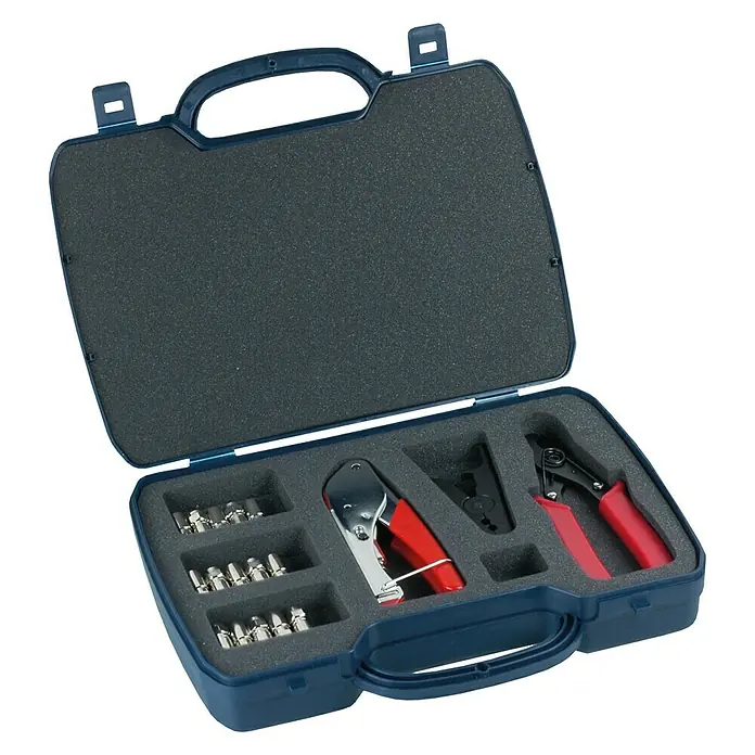 Schwaiger Montage-Set für F-Verpressstecker - 18-teilig im Plastikkoffer - Werkzeugkoffer mit verschiedenen Werkzeugen und Einsätzen, ordentlich in Schaumstoffeinlagen verstaut für sicheren Transport und Lagerung.