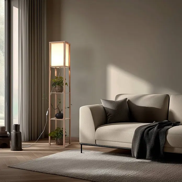 Lindby Stehleuchte Birta - Holz hell, weiß / opal, E27 - Eine stehende Regal-Stehlampe aus Holz mit Stoffschirm und Pflanzenregalen neben einem beigen Sofa.