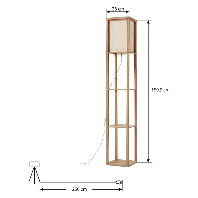 Lindby Stehleuchte Birta - Holz hell, weiß / opal, E27 - Stehleuchte aus hellem Holz mit Stoffschirm und Regalen. 159,9 cm hoch, 26 cm breit, mit 250 cm Kabel.