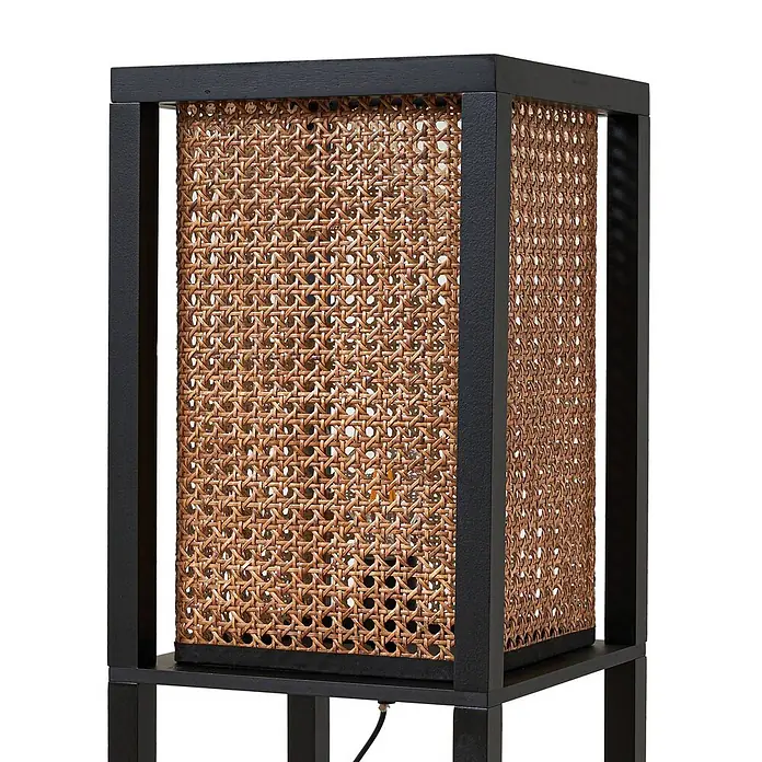 Lindby Stehleuchte Birta - schwarz, Holz hell, E27 - Rechteckige schwarze Holzlampe mit geflochtenen Rattanseiten.
