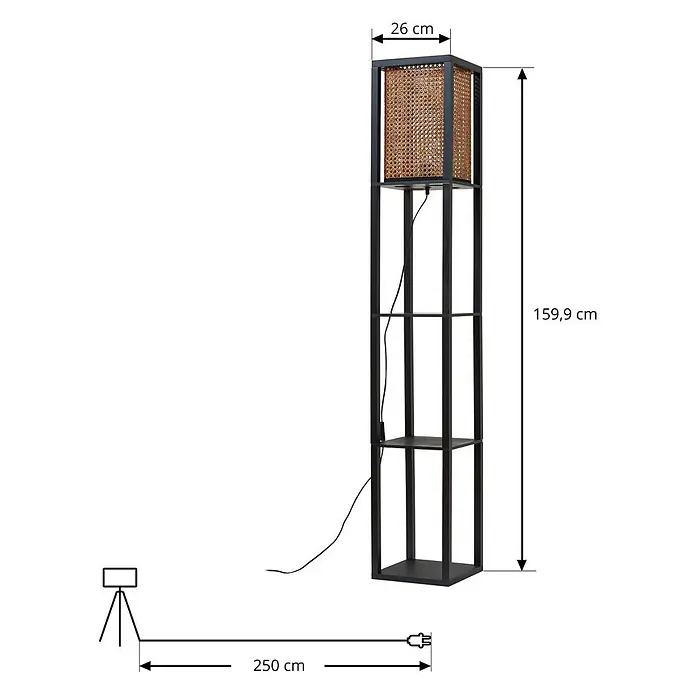 Lindby Stehleuchte Birta - schwarz, Holz hell, E27 - Dunkle Metall-Stehlampe mit Regalen und quadratischem Rattan-Lampenschirm. 159,9 cm hoch, 26 cm breit.