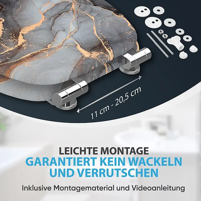 SANILO WC-Sitz Marmor Abstrakt mit Schnellverschluss - MDF, Grau, Mit Absenkautomatik - Grau-goldener WC-Sitz in Marmoroptik mit Chromscharnieren, verstellbarem Beschlag (11-20,5 cm) und Montagematerial.