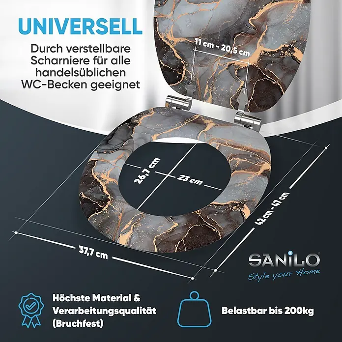 SANILO WC-Sitz Marmor Abstrakt mit Schnellverschluss - MDF, Grau, Mit Absenkautomatik - Grau-gold marmorierter WC-Sitz mit verstellbaren Scharnieren, passend für alle Standard-WCs. Maße: 37,7 cm breit, 42-47 cm lang.