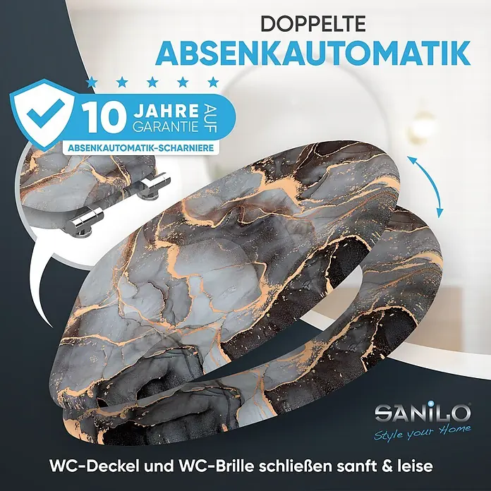 SANILO WC-Sitz Marmor Abstrakt mit Schnellverschluss - MDF, Grau, Mit Absenkautomatik - Dunkel marmorierter WC-Sitz mit goldenen Äderungen, ausgestattet mit Absenkautomatik-Scharnieren und 10 Jahren Garantie für sanftes, leises Schließen.