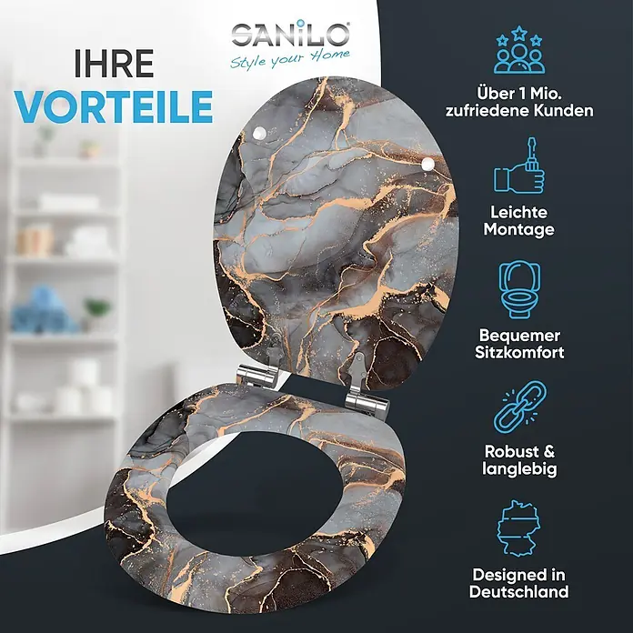 SANILO WC-Sitz Marmor Abstrakt mit Schnellverschluss - MDF, Grau, Mit Absenkautomatik - Grau-schwarzer WC-Sitz mit elegantem Gold-Marmor-Muster, geöffnet gezeigt.