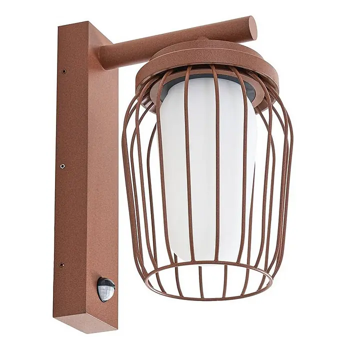 Lucande Außenwandleuchte Chandan - 23,4 x 16,5 x 30 cm, braun / rost, IP44 - Rostbraune Außenwandleuchte mit Käfigdesign, weißem Diffusor und integriertem Bewegungsmelder.