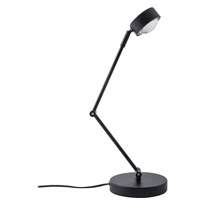 Lindby Tischleuchte Jyla - schwarz, schwarz - Schwarze Gelenk-Schreibtischlampe mit rundem Fuß und Kopf.