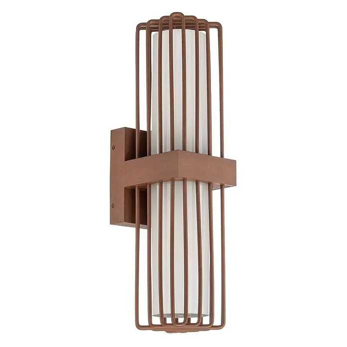 Lucande Außenwandleuchte Chandan - braun / rost, IP54 - Bronzefarbene Käfig-Wandleuchte mit zwei weißen zylindrischen Diffusoren.