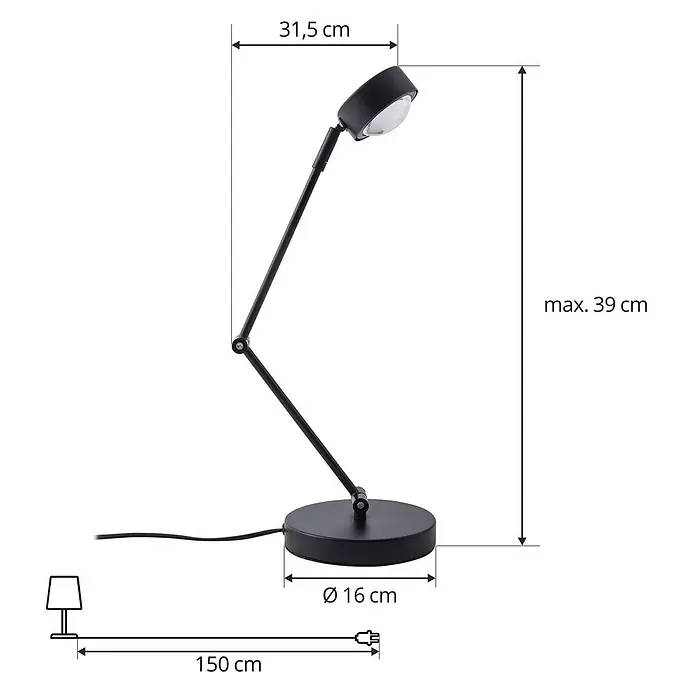 Lindby Tischleuchte Jyla - schwarz, schwarz - Schwarze, verstellbare Schreibtischlampe mit rundem Sockel. Max. 39 cm hoch, 31,5 cm Ausladung, 16 cm Sockeldurchmesser, 150 cm Kabel.