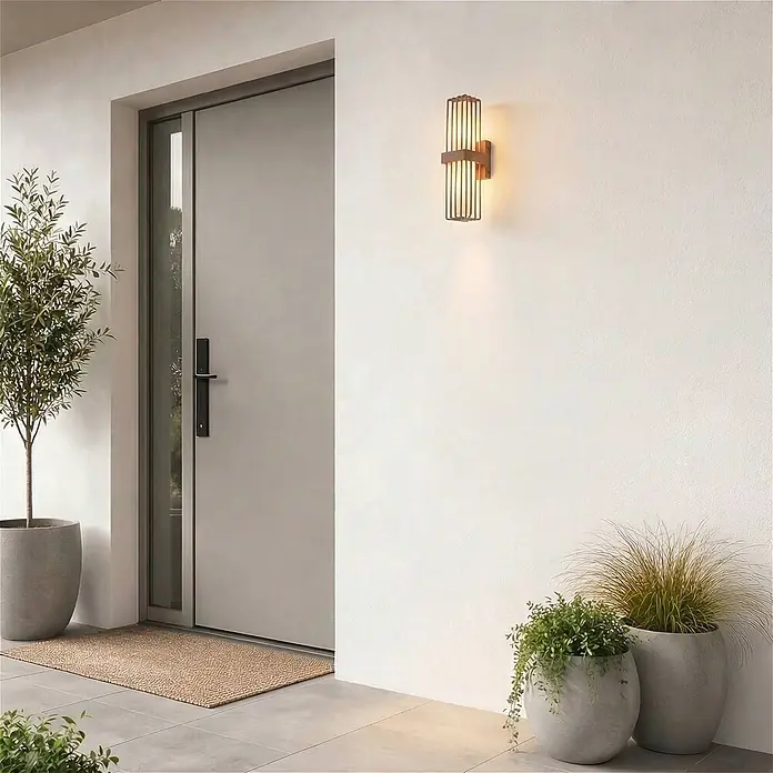 Lucande Außenwandleuchte Chandan - braun / rost, IP54 - Rechteckige Außenwandleuchte mit dunklem Metallkäfigdesign, strahlt Licht nach oben und unten.
