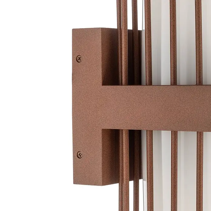 Lucande Außenwandleuchte Chandan - braun / rost, IP54 - Bronze-farbene Metall-Wandleuchte mit vertikalen Stäben und weißem Diffusor. Sichtbare Befestigungsschrauben.