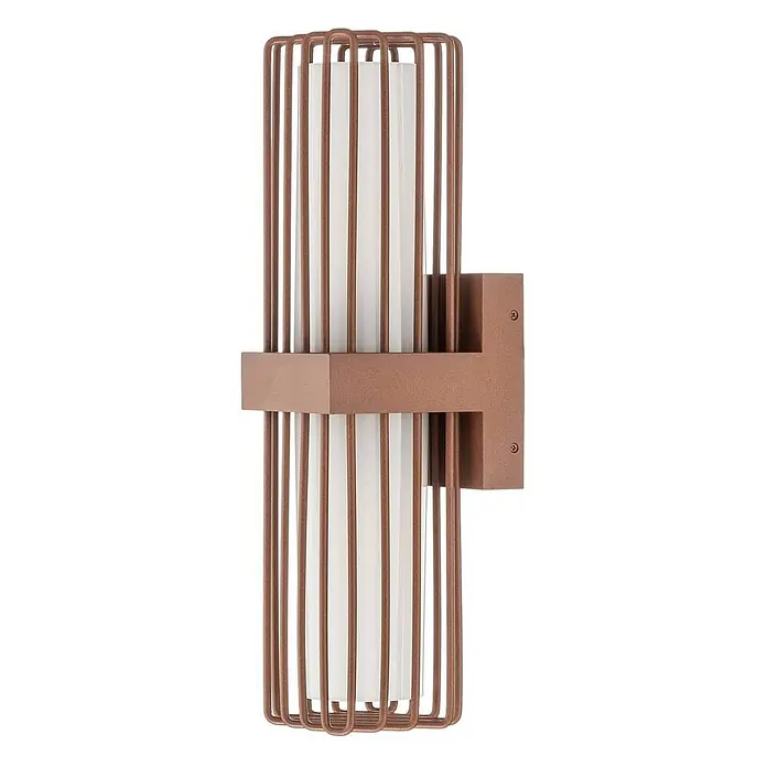 Lucande Außenwandleuchte Chandan - braun / rost, IP54 - Kupferfarbene Wandleuchte mit zylindrischem weißem Diffusor und Käfigdesign.