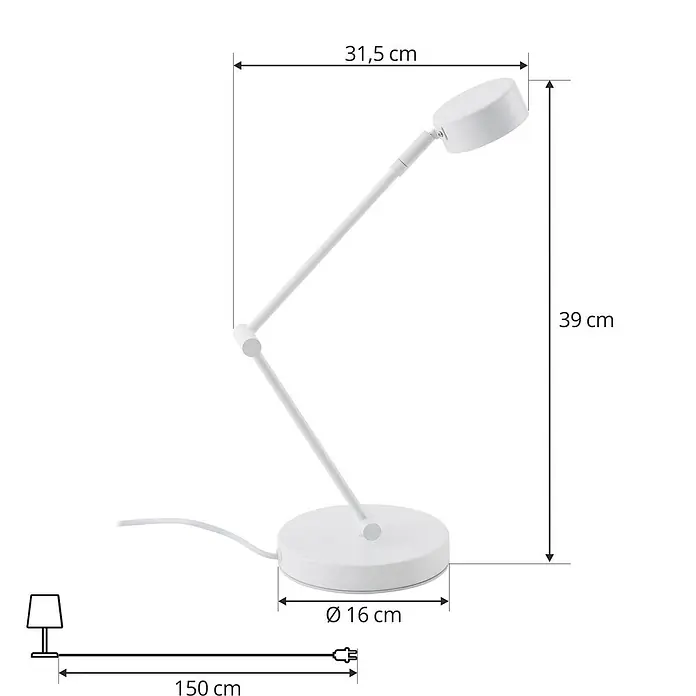 Lindby Tischleuchte Jyla - weiß / opal, weiß / opal - Weiße verstellbare Schreibtischlampe mit rundem Fuß und Gelenkarm. Maße: 39 cm hoch, 31,5 cm breit, 16 cm Basisdurchmesser, 150 cm Kabel.