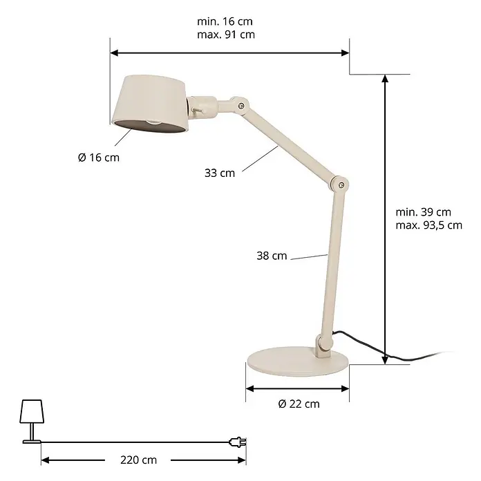Lucande Tischleuchte Silka - L x B x H: 71 x 22 x 93,5 cm, creme / amber, creme / amber, E27 - Verstellbare beigefarbene Schreibtischlampe mit rundem Sockel und Schirm, mit detaillierten Maßen.