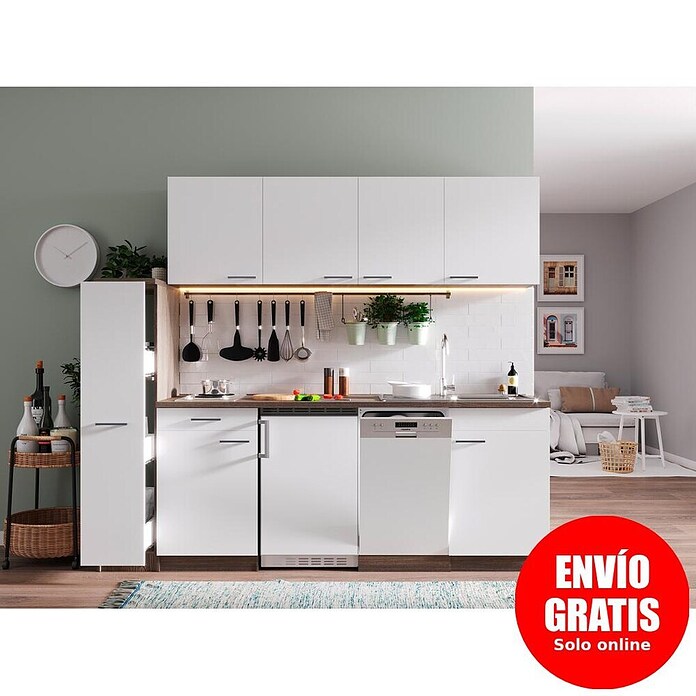 Respekta Composición de cocina (Ancho: 225 cm, Con placa de dos fuegos, Blanco)