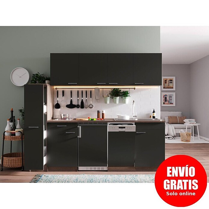 Respekta Composición de cocina (Ancho: 225 cm, Con placa vitrocerámica, Gris)