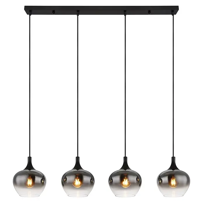 Globo Pendelleuchte Maxy - 40 W, Ø x H: 48 x 120 cm, 3-Strahlig, E27 - Vierteilige schwarze Pendelleuchte mit rauchfarbenen Glasschirmen und leuchtenden Glühbirnen.