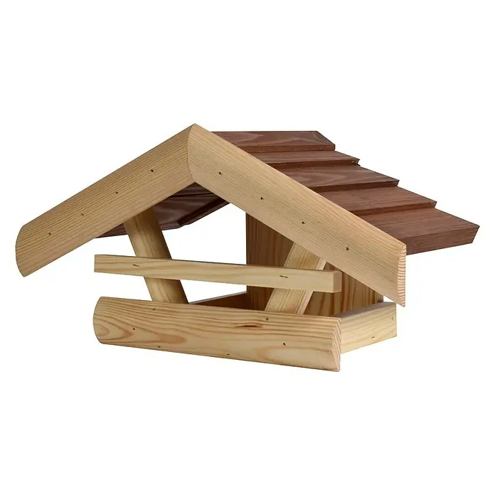 Dobar Vogelfutterhaus zum Aufhängen - L x B x H: 36 x 20 x 20 cm, Natur/Braun, Holz - Das ist ein hölzernes Vogelhaus mit einem schrägen Dach und einer offenen Futterstelle, ideal um Vögel zu beobachten.