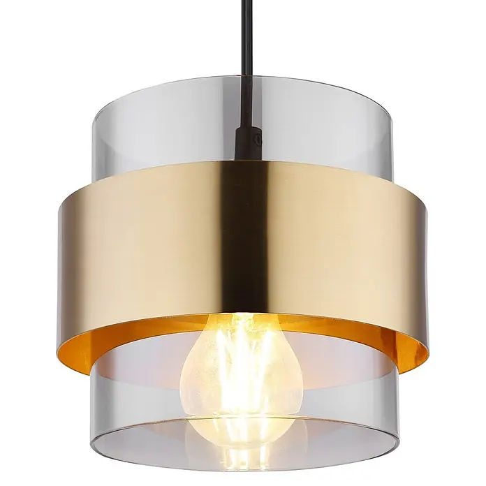 Globo Pendelleuchte Milley - 60 W, Ø x H: 18 x 120 cm, E27 - Gold- und Klarglas-Pendelleuchte mit beleuchteter Edison-Birne und schwarzem Kabel.