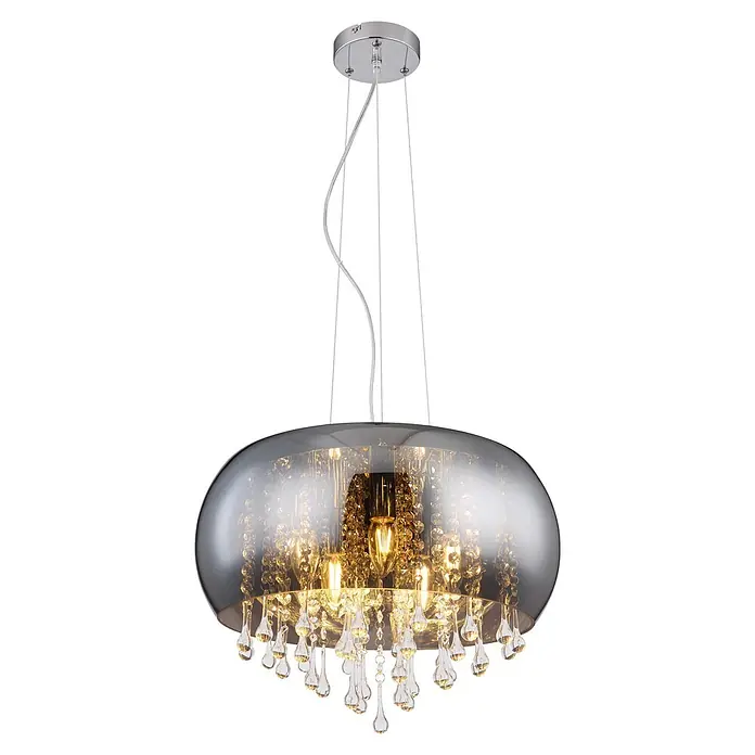 Globo Pendelleuchte rund Kalla - Durchmesser: 44 cm, Höhe: 120 cm, E14 - Chrom-Pendelleuchte mit Rauchglas-Schirm, Kristalldekor und warm leuchtenden Glühbirnen.