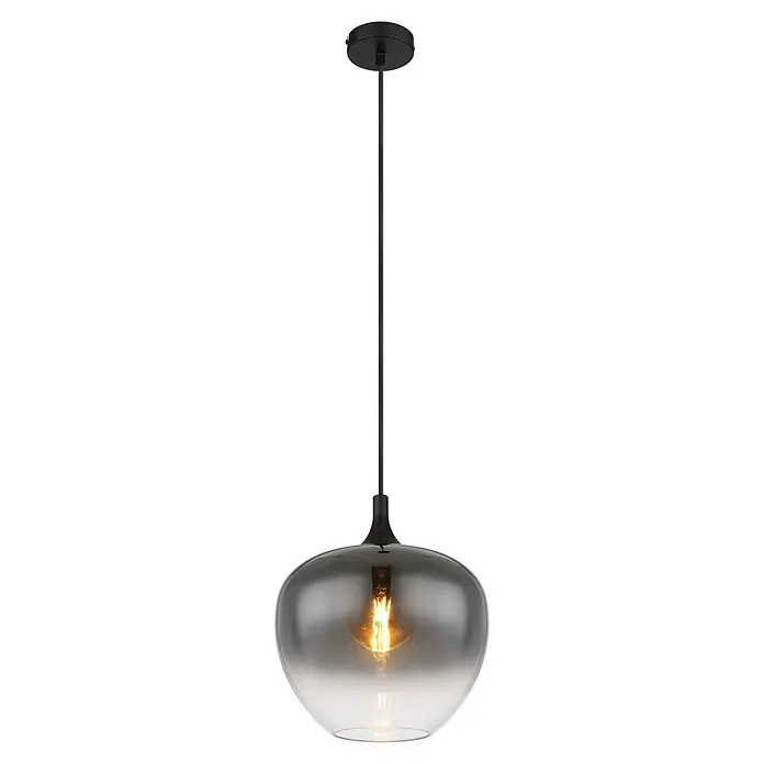 Globo Pendelleuchte Maxy - 60 W, Ø x H: 29 x 120 cm, 1-Strahlig, E27 - Schwarze Pendelleuchte mit Rauchglasschirm und beleuchteter Edison-Birne.
