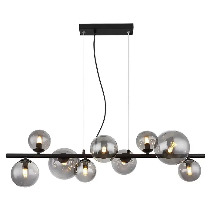 Globo Riha Pendelleuchte - 31,5 W, L x B x H: 86 x 36 x 120 cm, Rauchglas, Schwarz, G9 - Schwarze lineare Hängeleuchte mit mehreren Rauchglas-Kugellampen.