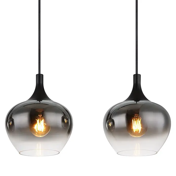 Globo Pendelleuchte Maxy - 40 W, Ø x H: 48 x 120 cm, 3-Strahlig, E27 - Zwei moderne Pendelleuchten mit rauchgrauen Glasschirmen und sichtbaren Glühbirnen, hängend.