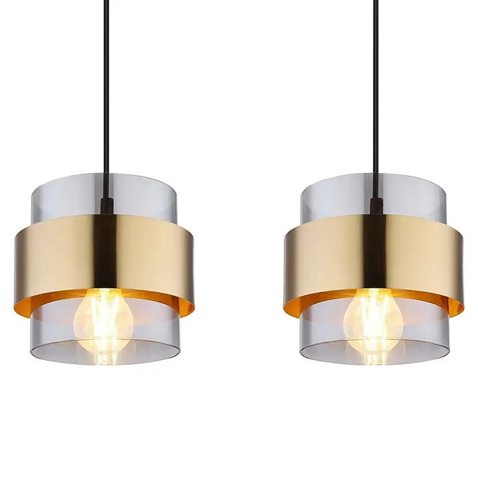 Globo Pendelleuchte rund Milley - 60 W, L x B x H: 111 x 18 x 120 cm, Schwarz, E27, Anzahl Leuchtmittel: 4 Stk. - Zwei moderne Pendelleuchten mit goldfarbenen Messingbändern, klarem Glas und beleuchteten Edison-Glühbirnen.