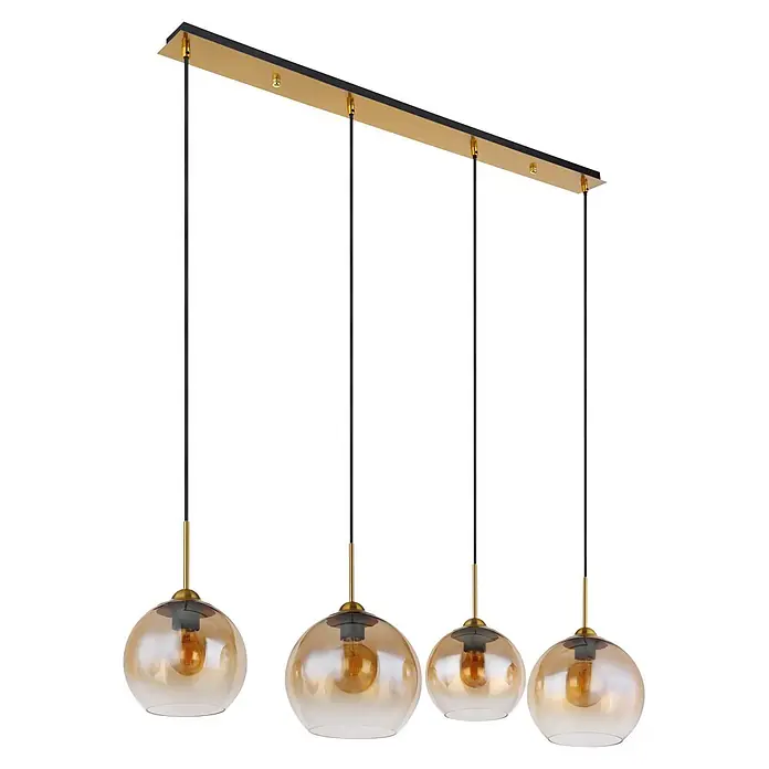Globo Pendelleuchte Jamessa - 60 W, L x B x H: 120 x 25 x 120 cm, E27 - Vierflammige Deckenpendelleuchte mit bernsteinfarbenen Glaskugeln, schwarzen Kabeln und einer gold-schwarzen rechteckigen Aufhängung.