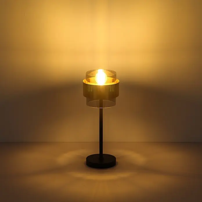 Globo Tischleuchte Milley - 60 W, L x B x H: 18 x 18 x 47 cm, Schwarz/ Messing, E27 - Moderne Tischlampe in Schwarz und Gold mit sichtbarer Birne, erzeugt warmes Licht.